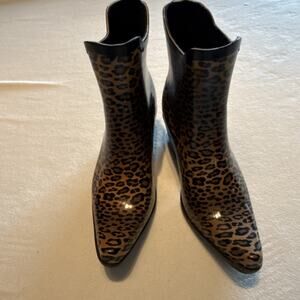 Corkys Animal Print Pointed Toe Block Heel Slip On Ankle Bootie Rain Boots